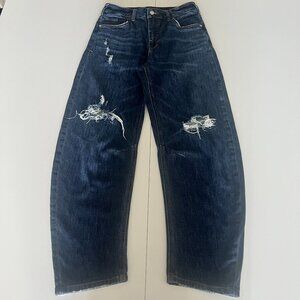 Pilcro Anthropologie Distressed Bow Boyfriend Barrel Jeans Blue Wash Size 27 Y2K